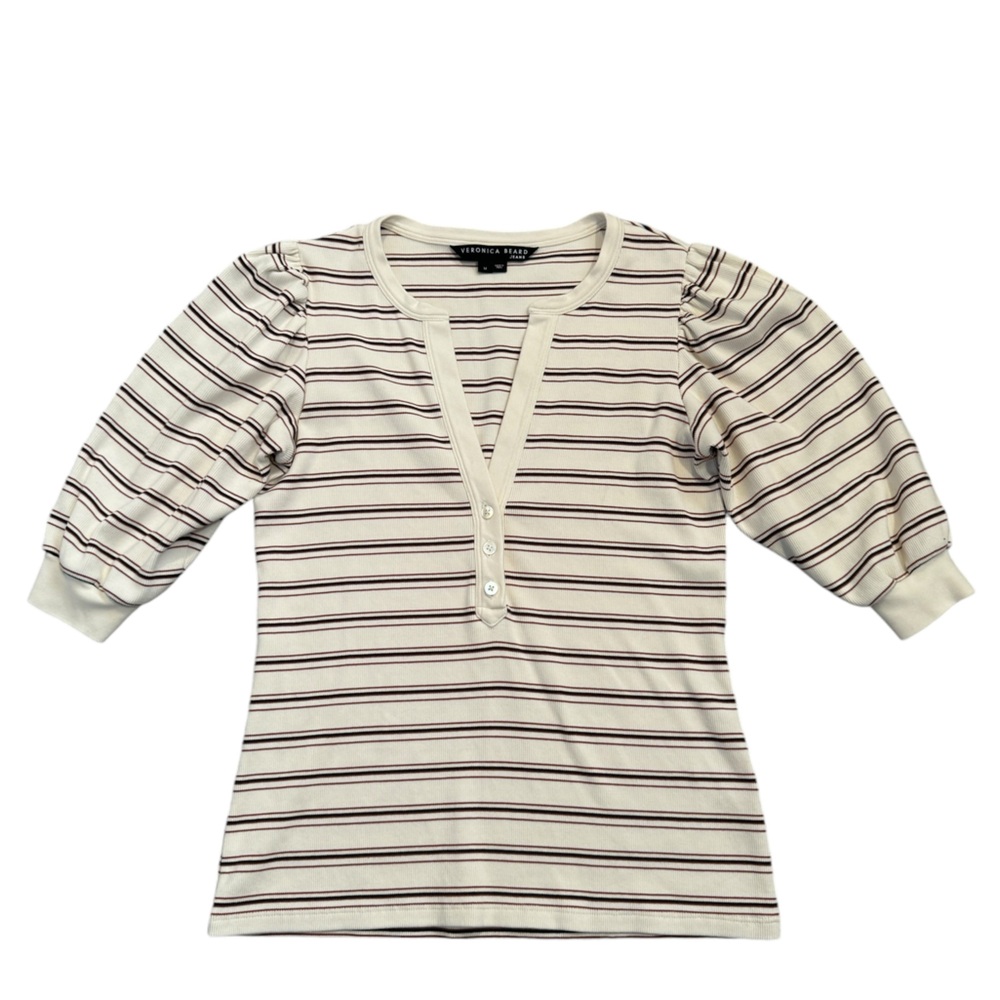Veronica Beard Cream and Navy Striped Puff-Sleeve Henley Top